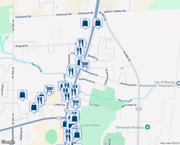 map of restaurants, bars, coffee shops, grocery stores, and more near Hillwood Dr in Murray