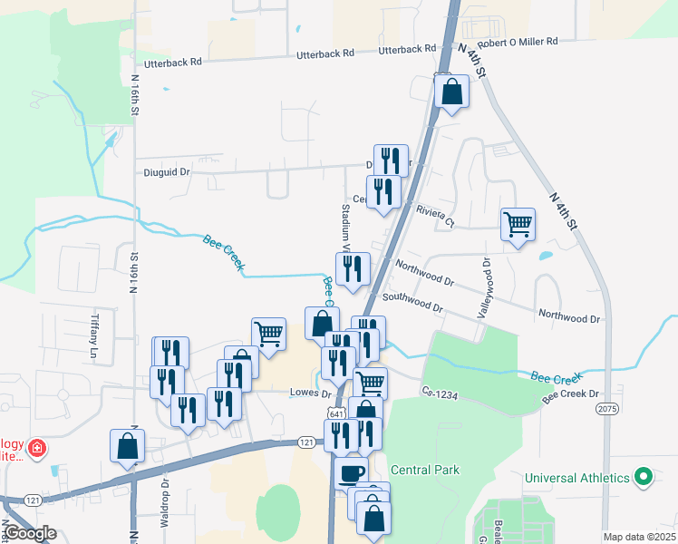 map of restaurants, bars, coffee shops, grocery stores, and more near 1201-1409 Stadium View Drive in Murray