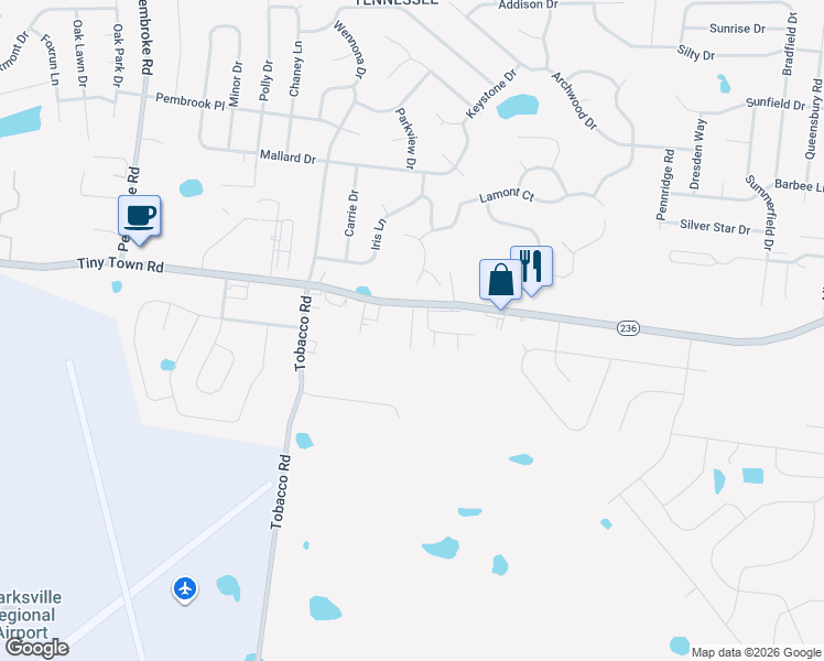 map of restaurants, bars, coffee shops, grocery stores, and more near 820 Tiny Town Road in Clarksville