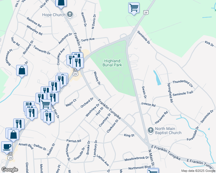 map of restaurants, bars, coffee shops, grocery stores, and more near 165 Franklin Court in Danville