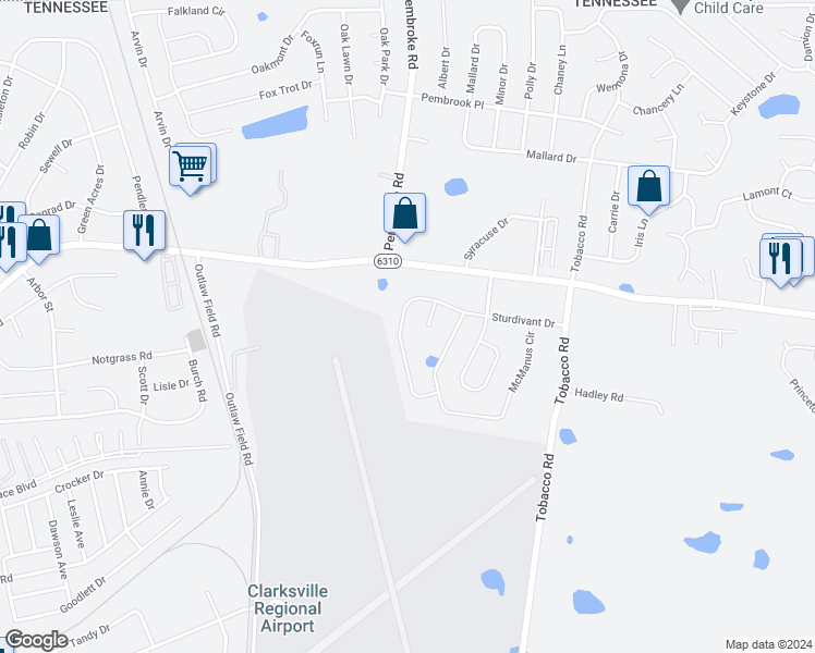 map of restaurants, bars, coffee shops, grocery stores, and more near 678 Sturdivant Drive in Clarksville