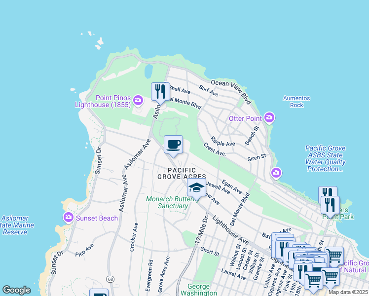 map of restaurants, bars, coffee shops, grocery stores, and more near 1066 Egan Avenue in Pacific Grove