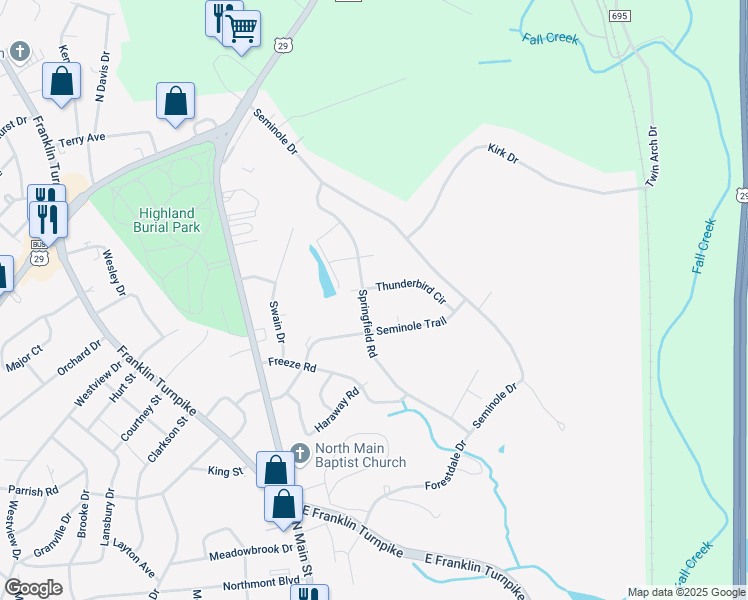 map of restaurants, bars, coffee shops, grocery stores, and more near 204 Thunderbird Circle in Danville