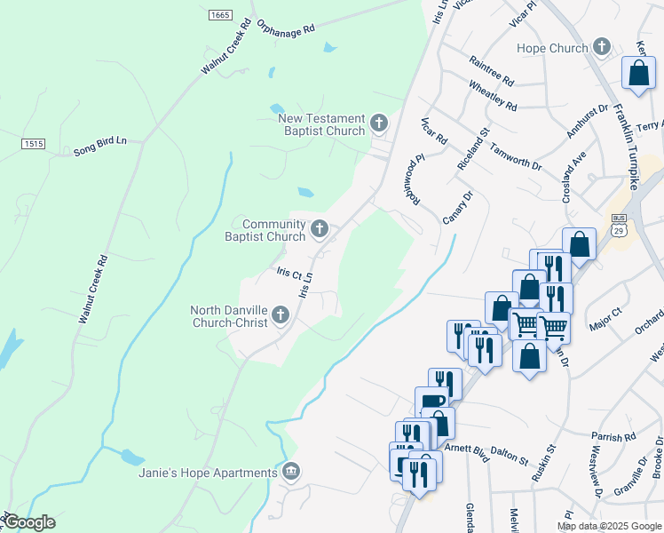 map of restaurants, bars, coffee shops, grocery stores, and more near 574 Iris Lane in Danville