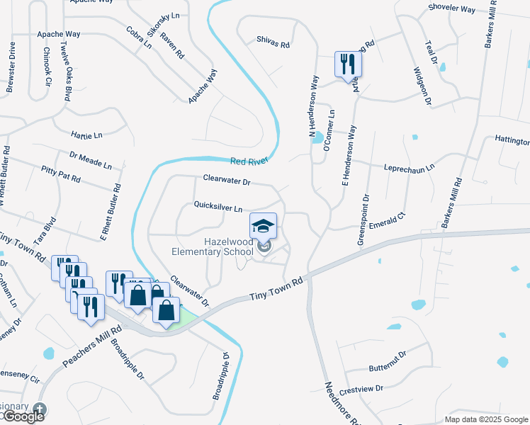 map of restaurants, bars, coffee shops, grocery stores, and more near 3447 Quicksilver Lane in Clarksville