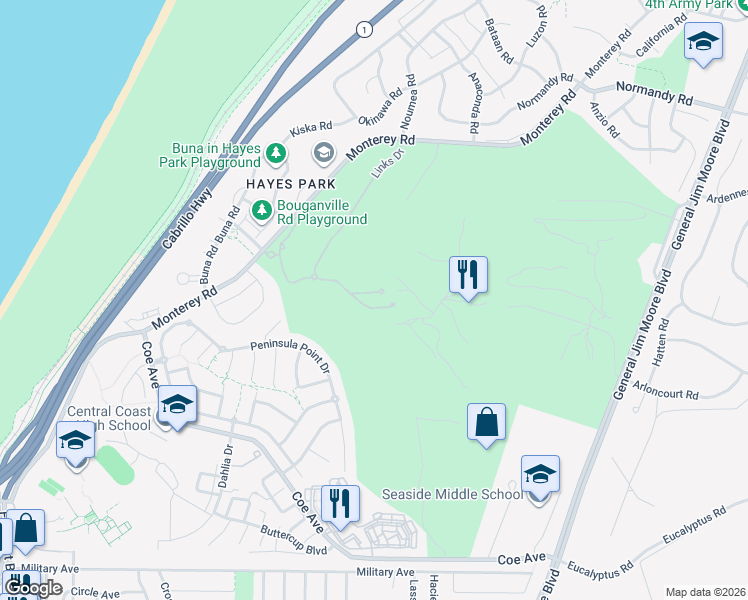 map of restaurants, bars, coffee shops, grocery stores, and more near 1763 Fairway Drive in Seaside