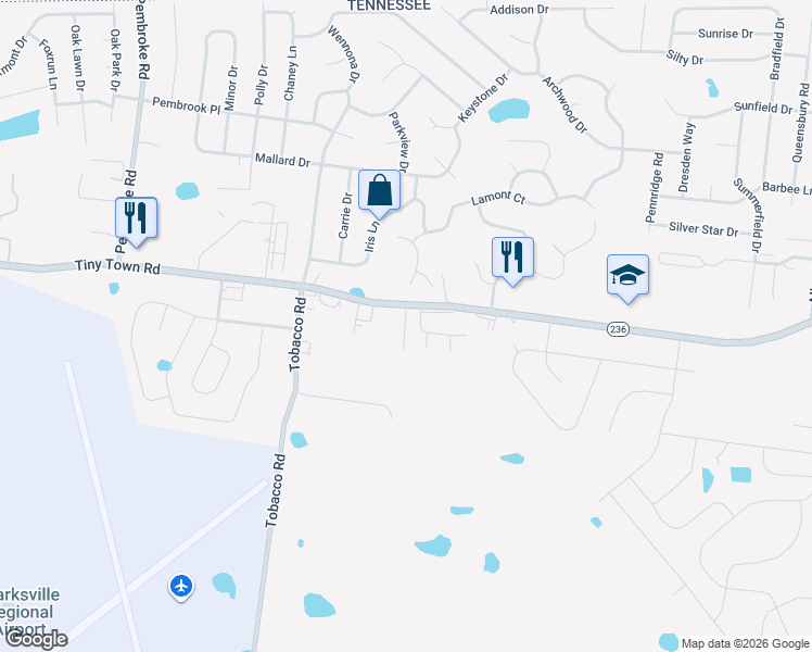 map of restaurants, bars, coffee shops, grocery stores, and more near 820 Tiny Town Road in Clarksville