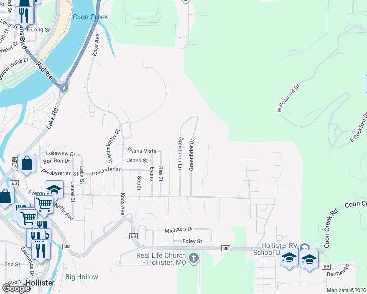 map of restaurants, bars, coffee shops, grocery stores, and more near 303 Greenbrier Drive in Hollister