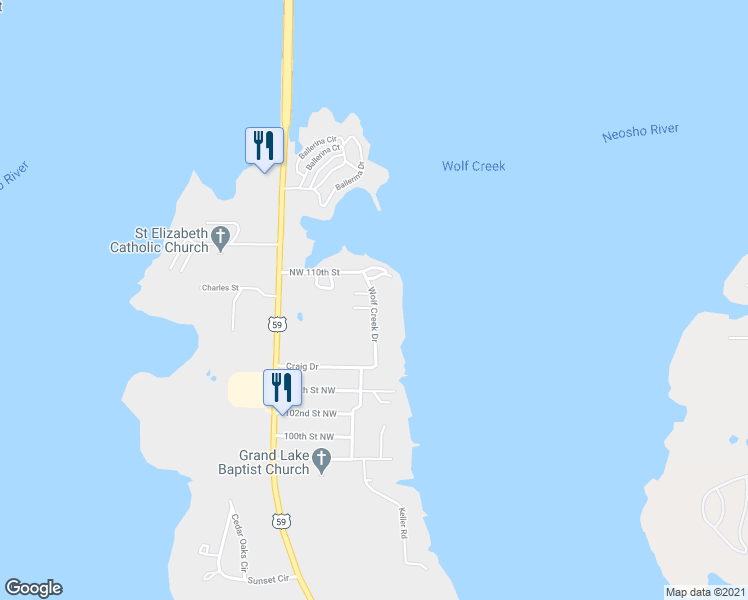 map of restaurants, bars, coffee shops, grocery stores, and more near 10641 Wolf Creek Drive in Grove