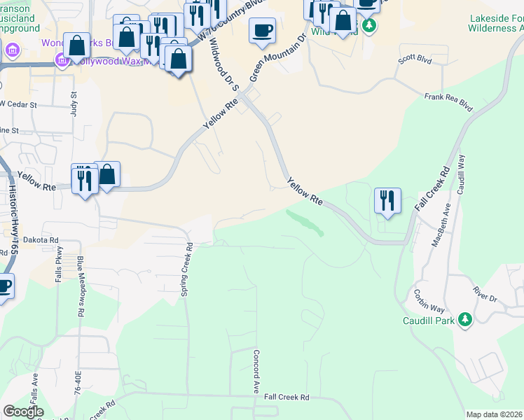 map of restaurants, bars, coffee shops, grocery stores, and more near 1 Golf View Drive in Branson