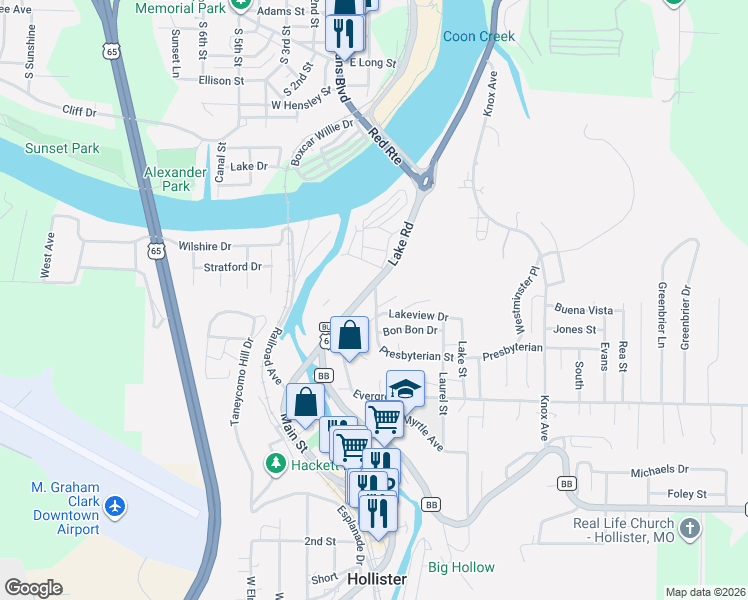 map of restaurants, bars, coffee shops, grocery stores, and more near 1314 U.S. 65 Business in Hollister