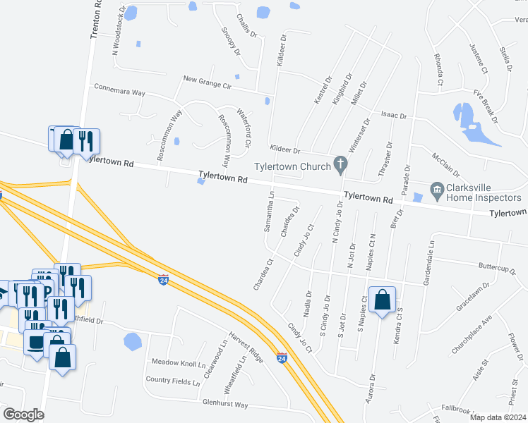map of restaurants, bars, coffee shops, grocery stores, and more near 874 Samantha Lane in Clarksville