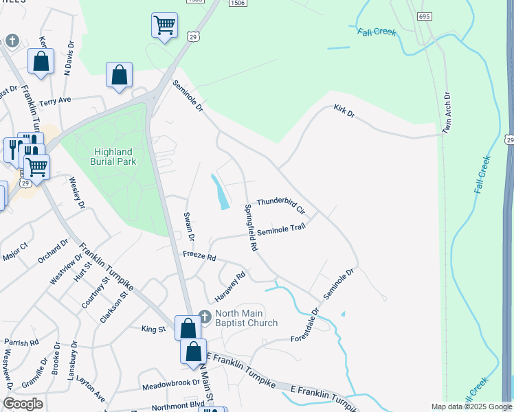 map of restaurants, bars, coffee shops, grocery stores, and more near 208 Thunderbird Circle in Danville