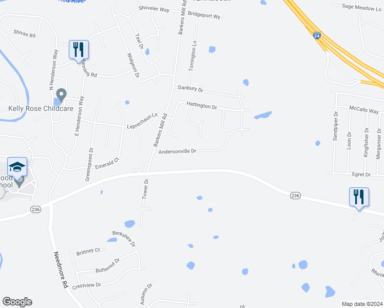 map of restaurants, bars, coffee shops, grocery stores, and more near 2456 Andersonville Drive in Clarksville