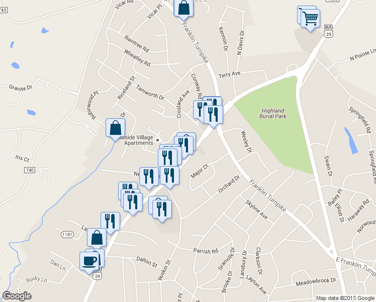 map of restaurants, bars, coffee shops, grocery stores, and more near 1355 Piney Forest Road in Danville