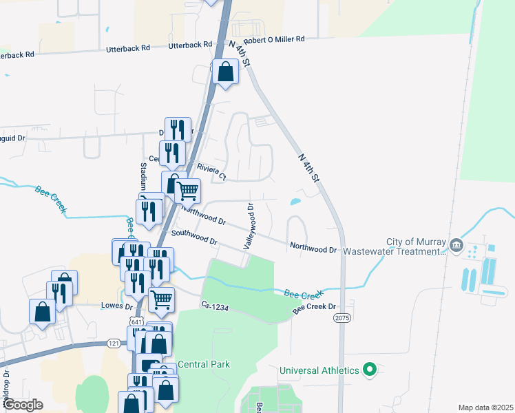 map of restaurants, bars, coffee shops, grocery stores, and more near 904 Hillwood Drive in Murray