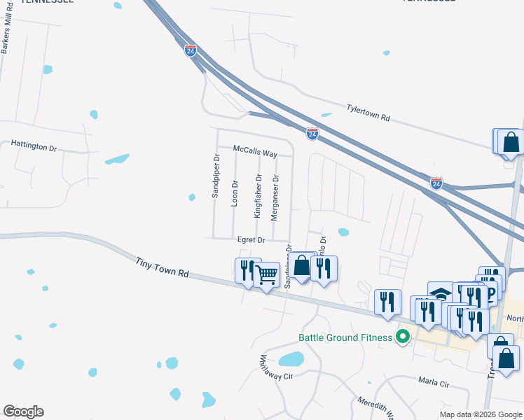 map of restaurants, bars, coffee shops, grocery stores, and more near 3442 Kingfisher Drive in Clarksville