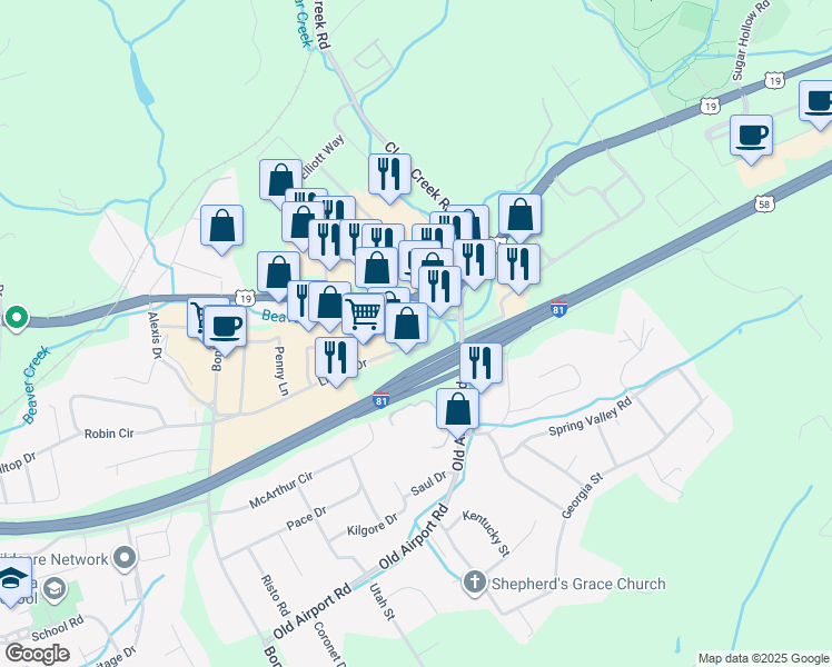 map of restaurants, bars, coffee shops, grocery stores, and more near 3091-3185 Lee Hwy in Bristol