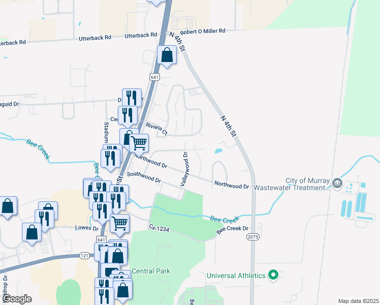 map of restaurants, bars, coffee shops, grocery stores, and more near 1419 Hillwood Drive in Murray