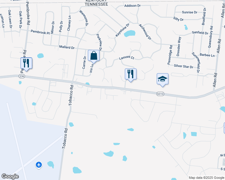 map of restaurants, bars, coffee shops, grocery stores, and more near 830 Tiny Town Road in Clarksville