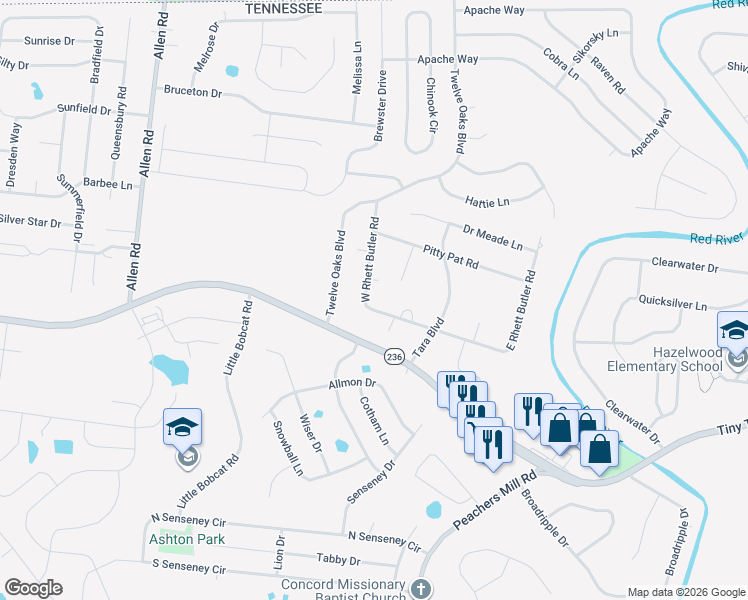 map of restaurants, bars, coffee shops, grocery stores, and more near 108 Melanie Lane in Clarksville
