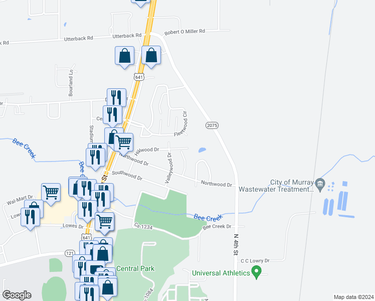 map of restaurants, bars, coffee shops, grocery stores, and more near 904 Hillwood Drive in Murray