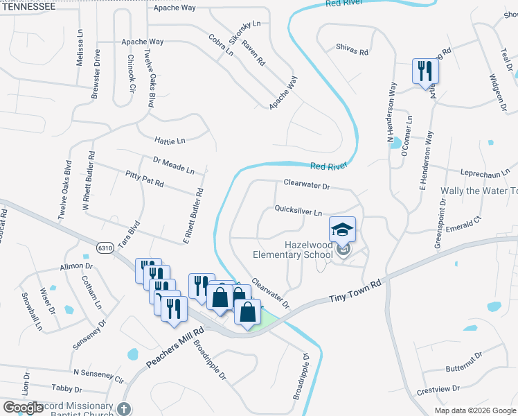 map of restaurants, bars, coffee shops, grocery stores, and more near 3415 Clearwater Drive in Clarksville