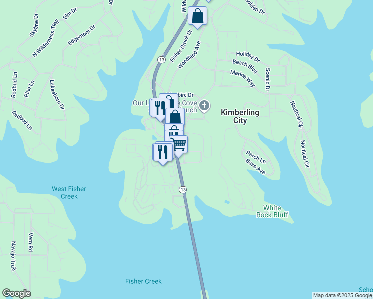 map of restaurants, bars, coffee shops, grocery stores, and more near 49 Pink Sunset Lane in Kimberling City