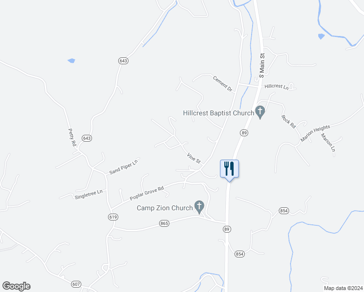 map of restaurants, bars, coffee shops, grocery stores, and more near 113 Vine Street in Galax