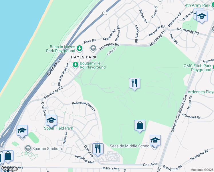 map of restaurants, bars, coffee shops, grocery stores, and more near 5 Fairway Court in Seaside