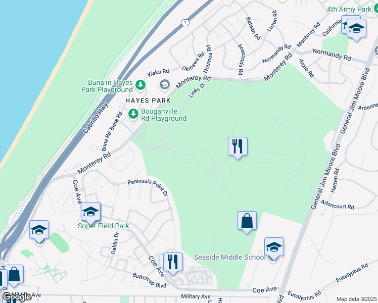 map of restaurants, bars, coffee shops, grocery stores, and more near 5 Fairway Court in Seaside