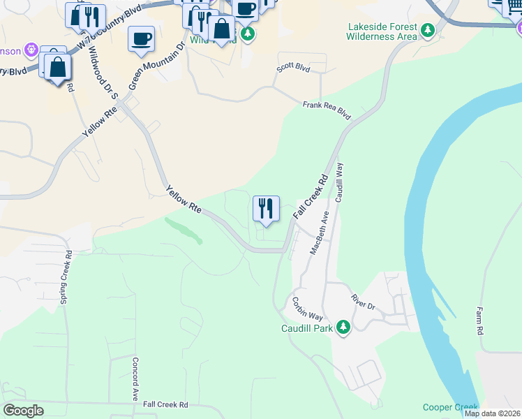 map of restaurants, bars, coffee shops, grocery stores, and more near 350 South Wildwood Drive in Branson