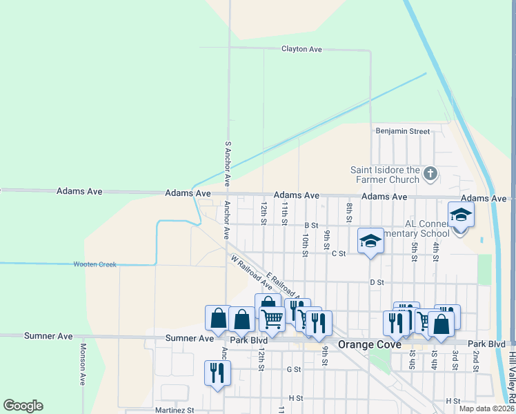 map of restaurants, bars, coffee shops, grocery stores, and more near 123 12th Street in Orange Cove