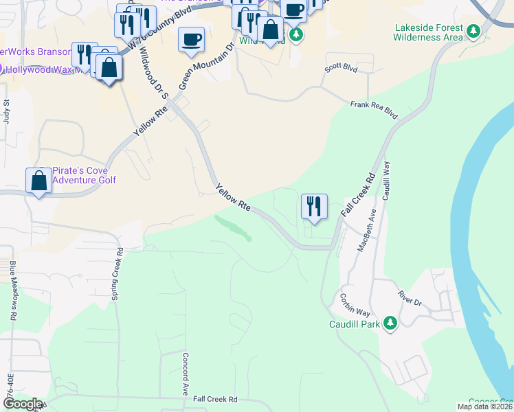 map of restaurants, bars, coffee shops, grocery stores, and more near 350 South Wildwood Drive in Branson