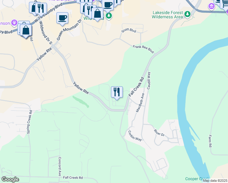 map of restaurants, bars, coffee shops, grocery stores, and more near 350 South Wildwood Drive in Branson