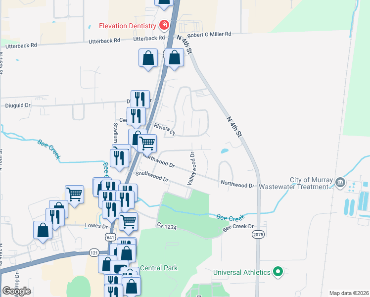 map of restaurants, bars, coffee shops, grocery stores, and more near 1419 Hillwood Drive in Murray