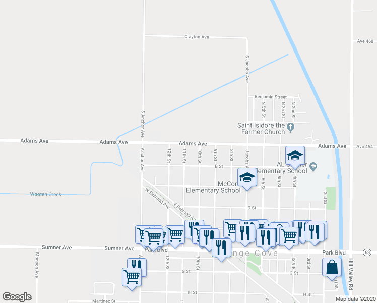 map of restaurants, bars, coffee shops, grocery stores, and more near 130 11th Street in Orange Cove