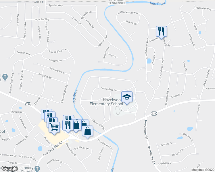 map of restaurants, bars, coffee shops, grocery stores, and more near 3424 Quicksilver Lane in Clarksville