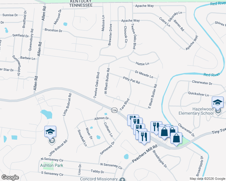 map of restaurants, bars, coffee shops, grocery stores, and more near 108 Melanie Ln in Clarksville