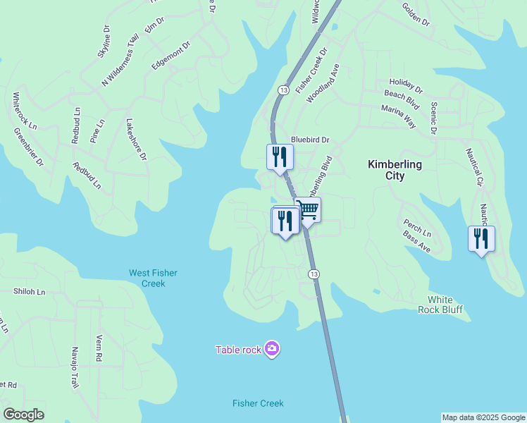 map of restaurants, bars, coffee shops, grocery stores, and more near Frank Lane in Kimberling City