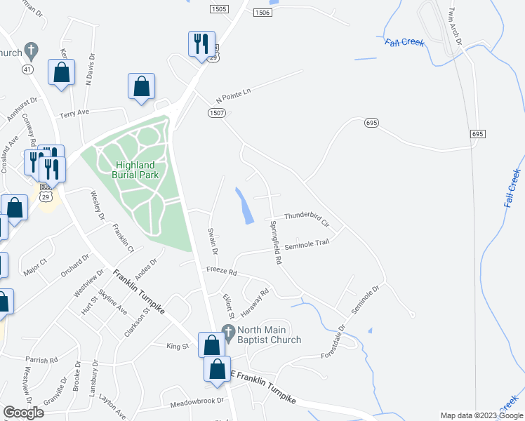 map of restaurants, bars, coffee shops, grocery stores, and more near 713 Springfield Road in Danville