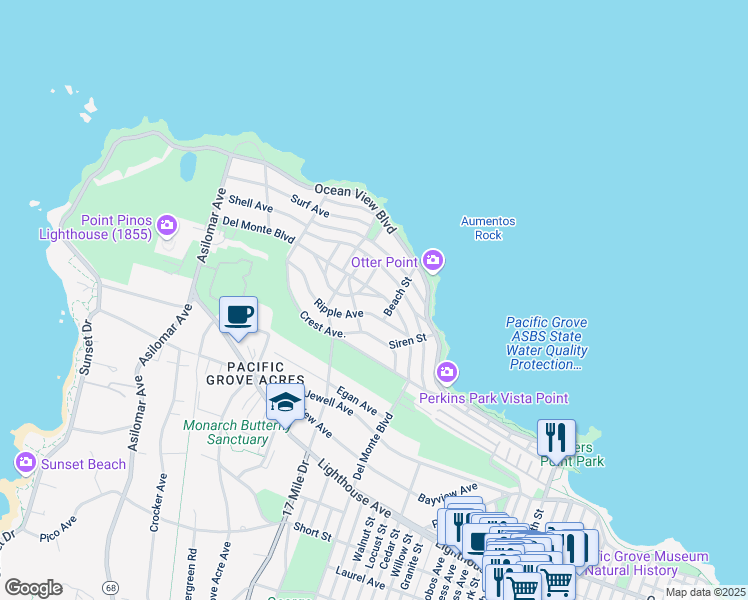 map of restaurants, bars, coffee shops, grocery stores, and more near 1015 Del Monte Boulevard in Pacific Grove