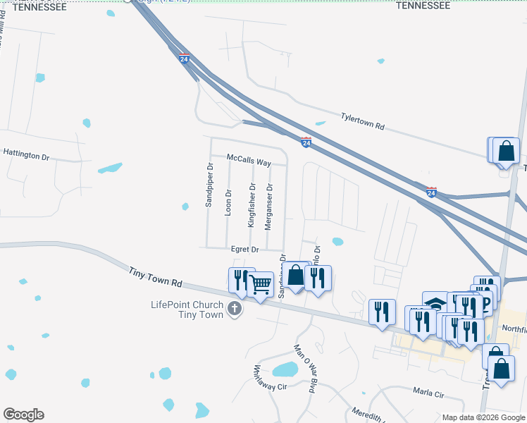 map of restaurants, bars, coffee shops, grocery stores, and more near 3442 Merganser Drive in Clarksville