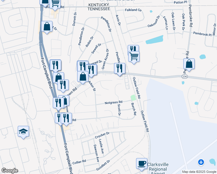map of restaurants, bars, coffee shops, grocery stores, and more near 2702 East Copeland Court in Clarksville