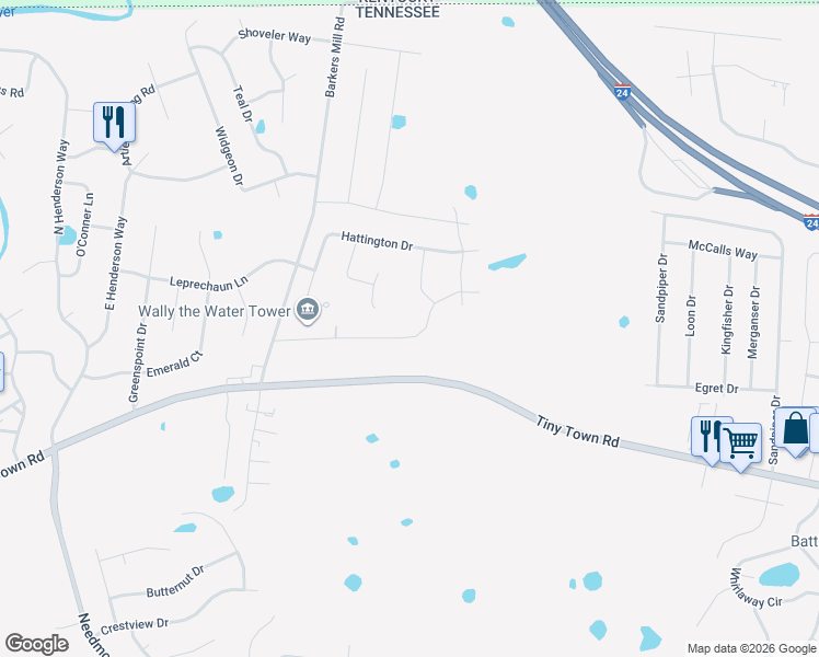 map of restaurants, bars, coffee shops, grocery stores, and more near 2417 Andersonville Drive in Clarksville