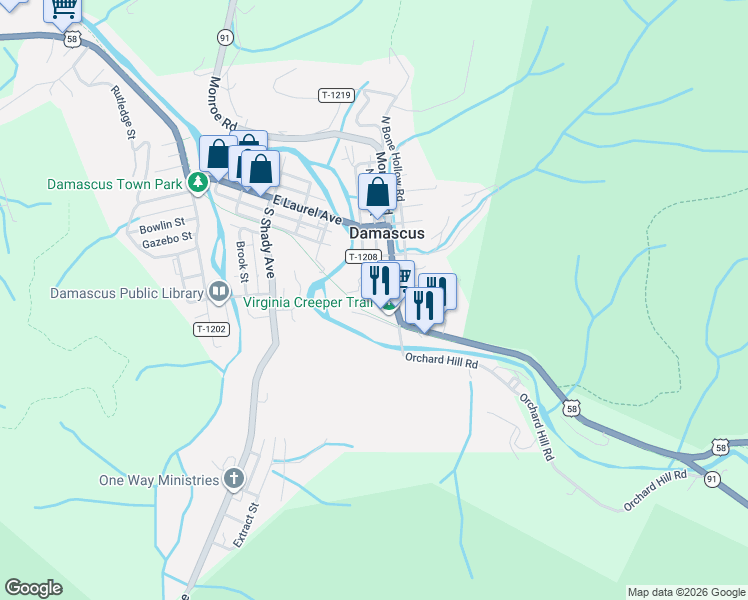 map of restaurants, bars, coffee shops, grocery stores, and more near 408 South Railroad Avenue in Damascus