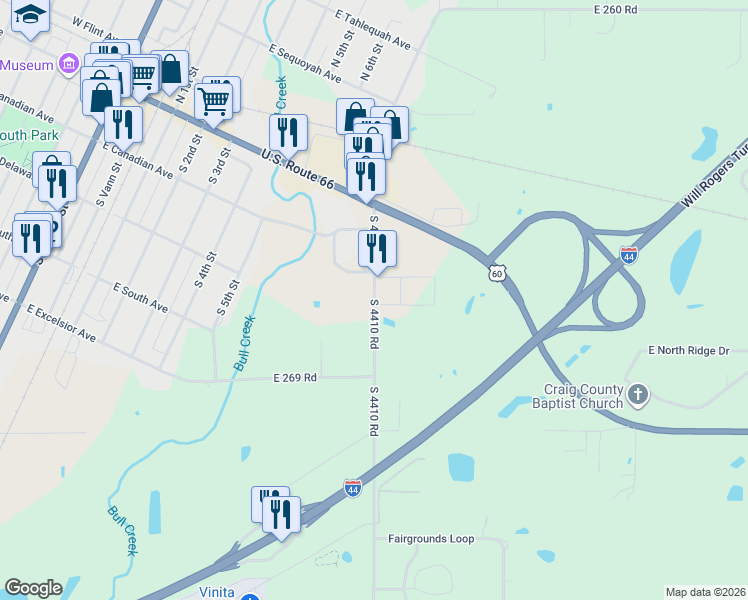 map of restaurants, bars, coffee shops, grocery stores, and more near 26918-26938 South 7th Street in Vinita