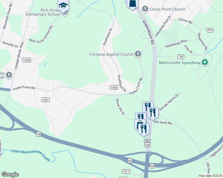 map of restaurants, bars, coffee shops, grocery stores, and more near 2-82 Confederate Avenue in Martinsville