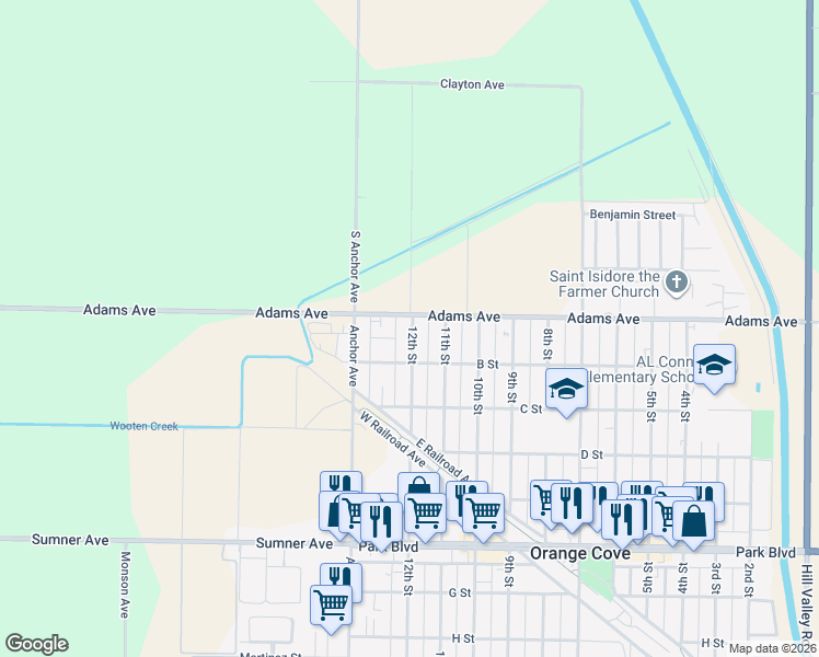 map of restaurants, bars, coffee shops, grocery stores, and more near 123 12th Street in Orange Cove