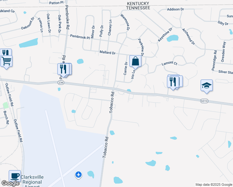 map of restaurants, bars, coffee shops, grocery stores, and more near 800 Tiny Town Road in Clarksville